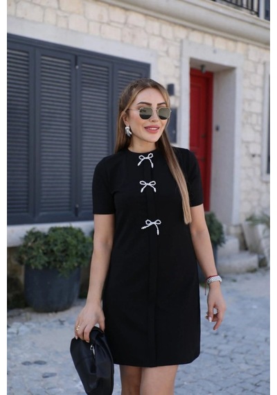 Butik İstanbul Kadın Kısa Kollu Bisiklet Yaka Önden Fiyonk Detaylı Ithal Krep Elbise Siyah