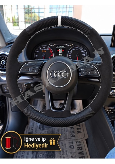 Audi A5 F5 Dikme Direksiyon Kılıfı Alcantara Süet Mat Karbon Beyaz Yüzük Ve Dikiş 2016-2019