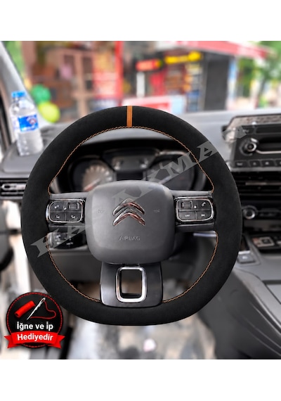 Citroen C3 Aircross Dikme Direksiyon Kılıfı Full Alcantara Süet Taba Yüzük Ve Taba Dikiş 2017-2024 Siyah