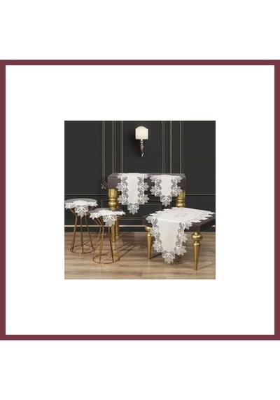 Storeşahin Krem-gold Kayla Model Keten 5 Parça Masa Örtüsü Runner Seti Salon Takımı No 2323 Shn0720 Krem - Gold