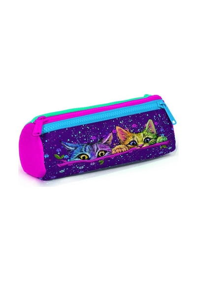 Coral High Kids Mor Pembe Kedi Desenli Üç Bölmeli Kalem Çantası 22032 Çok Renkli