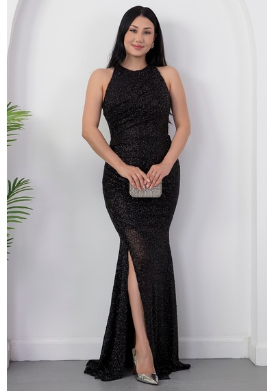 Kalopya Halter Yaka Yırtmaçlı Boncuklu Elbise 41099 Siyah