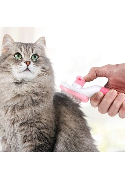 Biishe Kedi Köpek Tüy Toplayıcı Kendini Temizleyebilen Ergonomik Saplı Evcil Hayvan Tarağı Pembe