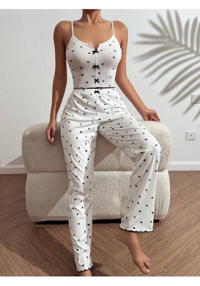 Gazaniga Kadın Beyaz Likralı Desenli Gecelik Pijama Takımı Fiyonk
