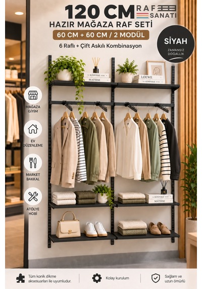 120 Cm Duvar Raf Askılık Sistemi 6 Raflı 2 Modül 200 Cm Konik Dikme Hazır Set Siyah