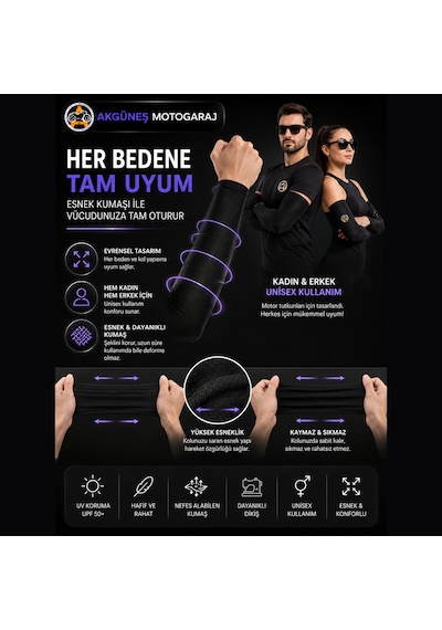 Akgüneş Motogaraj Motosiklet Kol Çorabı Uv Korumalı, Nefes Alan, Ter Tutmayan, Esnek Unisex Kol Kılıfı Siyah