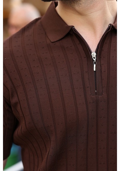 Kahverengi Polo Yaka Slim Fit Triko Erkek Tişört E7465 Kahverengi
