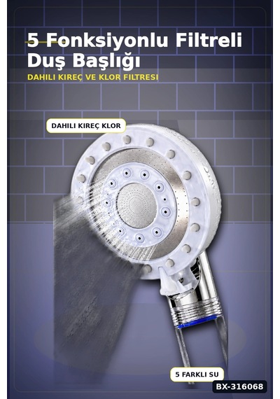 Filtreli Duş Başlığı 5 Fonksiyonlu Masaj Etkili Banyo Başlığı, Klor Kireç Filtreleme Bx-316068 Diğer