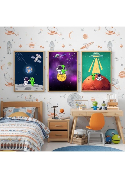Besay Kozmik Dostluk Modern Çocuk Odası Duvar Dekorasyonu Ufo Ve Gezegen İllüstrasyonlu Komik Tablo Seti 3'lü Set A3 Çerç