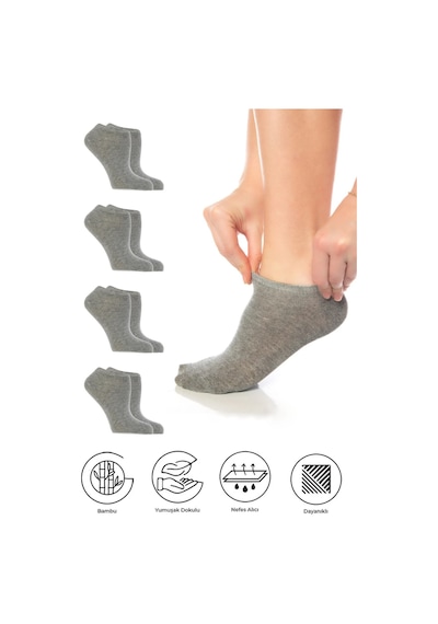 Saysez Bambu Sneaker Gri Melanj Çorap Dikişsiz Görünmez Bilekte Spor Çorap Premium 4'lü Paket Renkli