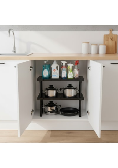 Plastik Genişletilebilir Raf Ayarlanabilir Düzenleyici Mutfak Banyo Düzenleyici - Çift Katlı - Siyah