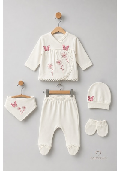 Babyden's Yenidoğan Kız Bebek Mevlit Takımı %100 Pamuk 5'li Hastane Çıkışı Kelebek Nakışlı Set Ekru