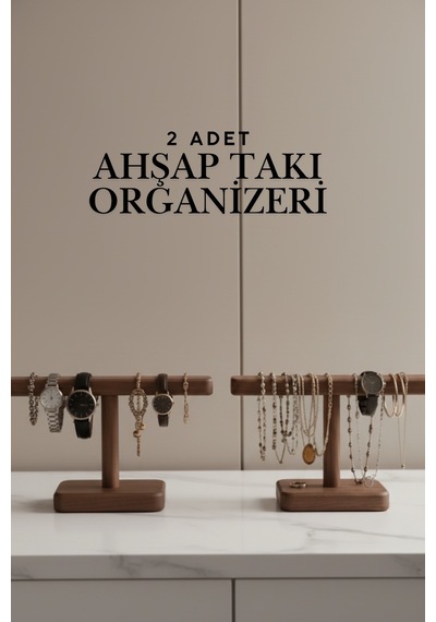 2'li Doğal Ahşap Takı Düzenleyici Seti, El Üretimi Takı Saat Standı Organizer Kahverengi Kahverengi