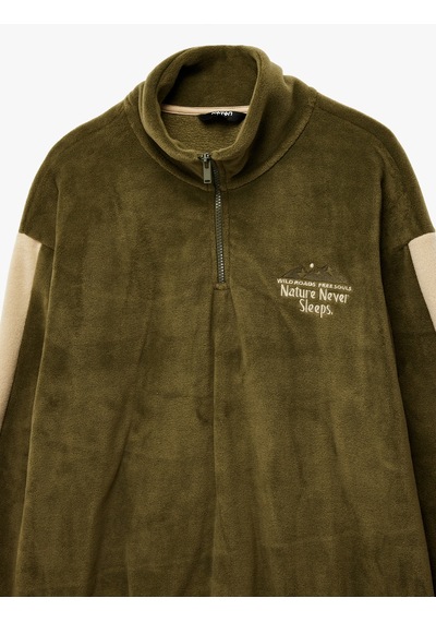 Koton Renk Bloklu Yarım Fermuarlı Yaka Polar Sweatshirt Haki 6wam70152mk Haki