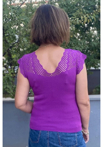 Mia Butik Kadın Mor Sıfır Kol Ajurlu Triko Bluz Mor
