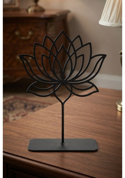 Metal Lotus Çiçeği Masaüstü Heykel Dekoratif Obje Siyah Aksesuar Metal Dekoratif Biblo