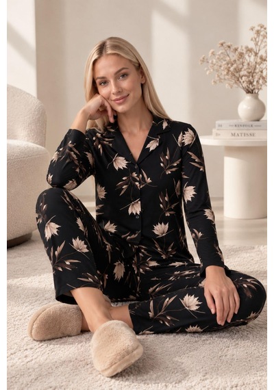 Gd Goldoremi 30185 Kadın Premium Uzun Kollu Önden Düğmeli Pijama Takım Siyah