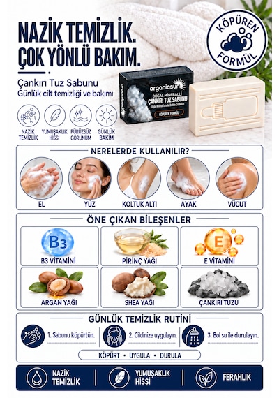 Organicsun Çankırı Tuz Sabunu + Himalaya Tuz Sabunu 2'li Set - Köpüren Formül