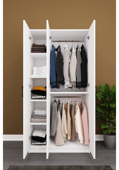 Asra Trend 3 Kapaklı Gardırop G-07 %100 MDF Kompakt Kıyafet Dolabı Beyaz