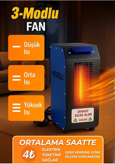 Nestello Elektrikli Isıtıcı 3400w, 3 Kademeli Ayar, Sessiz Fanlı Isıtıcı