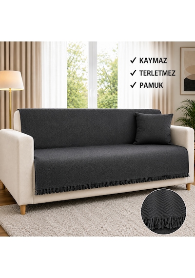 Sevhome Concept %100 Pamuk Kaymaz & Terletmez & Saçaklı & Yumuşak Koltuk Örtüsü-tek Ve Çift Kişilik Koltuklar İçin- 170 X 200 Cm Antrasist