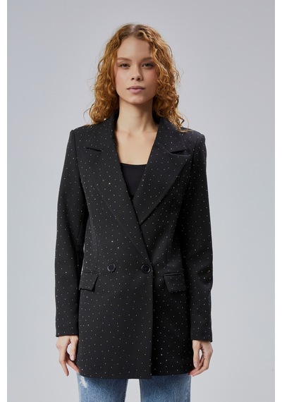 Kadın Regular Dokuma Astarlı Taş Detaylı Blazer Ceket Siyah