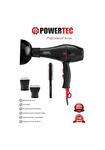 Powertec TR-701 Profesyonel Fön Makinesi + Vigo Difüzör Başlık + Profesyonel Fön Fırçası