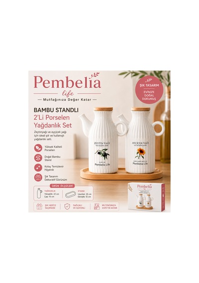 2'li Ahşap Standlı Etiketli Porselen 1000ml Yağlık&sirkelik 3'lu Yağdanlık Set Beyaz Beyaz