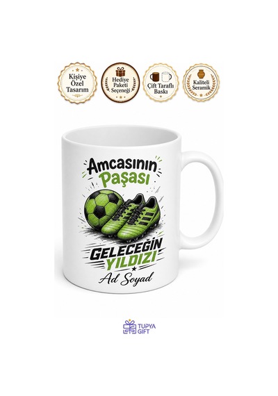 Amcasının Paşası Futbol Topu Çizimli Geleceğin Yıldızı Amca Yeğen Spor Aşkı Çay Kupa Bardak Beyaz / Çok Renkli