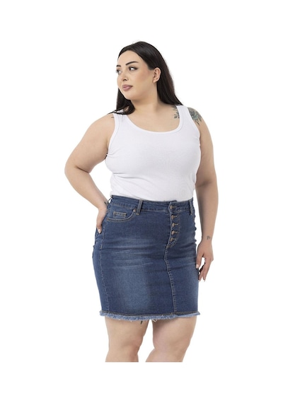 Disentis Büyük Beden Eteği Püsküllü Düğme Detaylı Mavi Denim Mini Etek-mavi Mavi