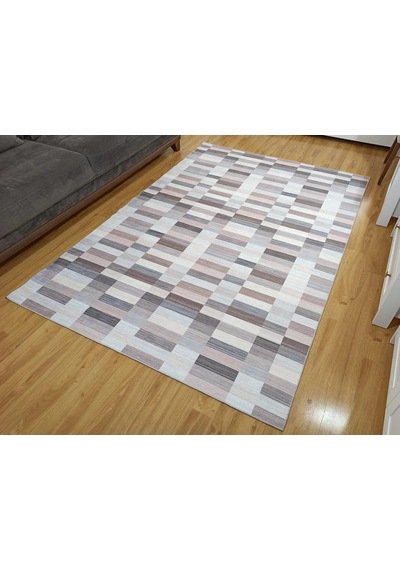 Modern Geometrik Blok Desenli Bej Ve Kahverengi Halı - 12440ou Gri