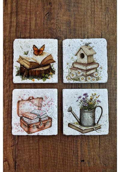 Doğal Taş Bardak Altlığı - Kitap & Doğa Temalı 10x10xm Stone Coasters Çok Renkli