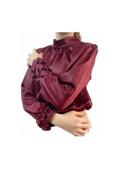Mois Atelier Bordo Saten Büzgülü Bluz Gömlek Tasarım Hediye Büyük Beden Tesettür