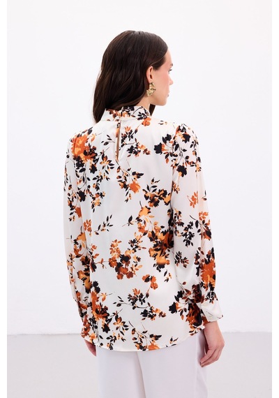 Sateen Dik Yaka Bluz - Oranj-136868 Oranj