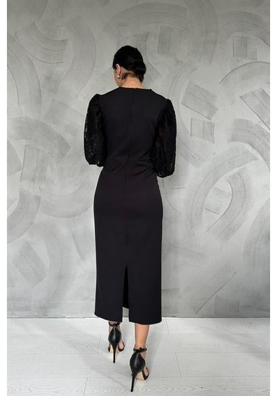 Elbee Fashion Woman Kolları Dantelli İnci Detaylı Elbise - Siyah-beyaz-7430 Siyah