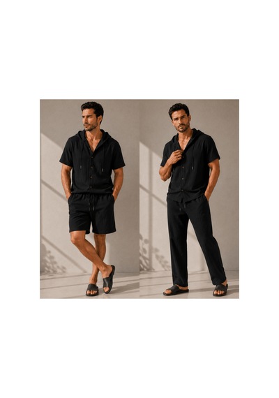 Erkek Müslin Kapşonlu 3'set Gömlek-şort-pantalon Siyah