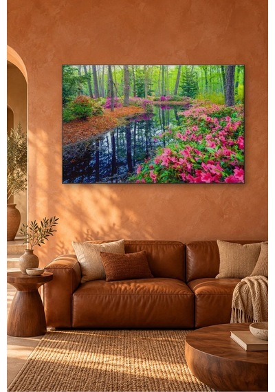 Fida Pembe Açelyalı Orman Göleti Canvas Tablo Çok Renkli
