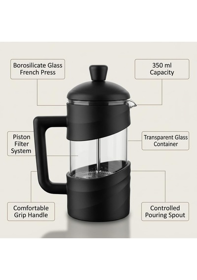Borosilikat Cam French Press 350 Ml, Siyah Kulplu Piston Filtreli Kahve Ve Bitki Çayı Demleme Aparatı, Manuel Kahve D Diğer