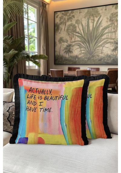 Renkli Yazı Saçaklı Yastık Kılıfı - Pop Art Pembe Turuncu Siyah Püsküllü Kırlent Kılıfı - 55x55 Cm Yalın Düş Nektar Renkli Yazı Saçaklı Yastık Kılıfı - Pop Art Pembe Turuncu Siyah Püsküllü Kırlent Kılıfı - 55x55 Cm Yalın Düş Nektar