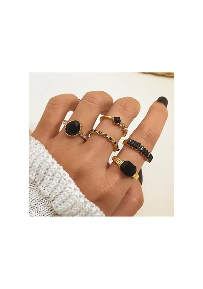 Noir Gold Altın Renkli Kristal Siyah Taşlı Şık Modern Bohem 5 Parça 5'li Yüzük Seti