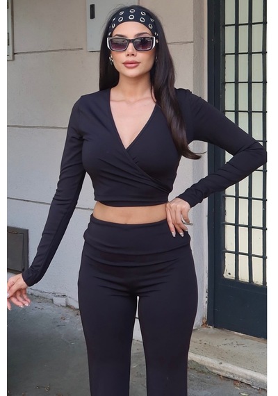 Kechi Woman Kruvaze Yaka Uzun Kollu Crop Bluz Siyah