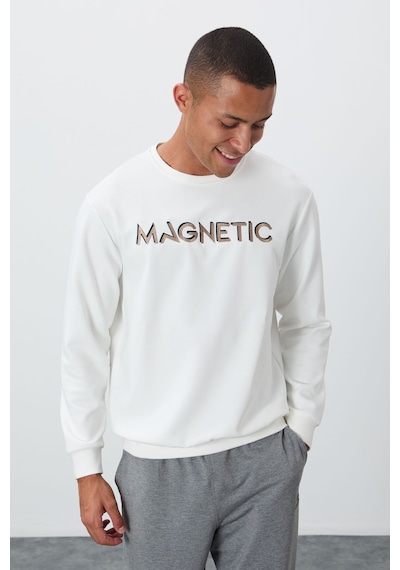 Tommy Life Ekru Yazı Nakışlı O Yaka Rahat Form İçi Polarlı Erkek Sweatshirt - 88020 Ekru