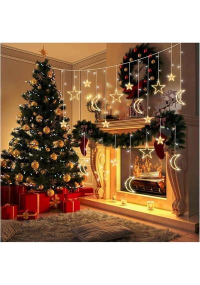 Sarı Yılbaşı Ay Ve Yıldız Asma Led Işıklar - 138 Led, 3.5 Metre Asmalı Perde Led Işığı, Noel Ve Yılbaşı Diğer