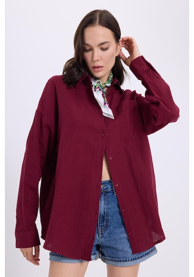 Tudors Kadın Oversize Geniş Kesim %100 Pamuk Müslin Kumaş Uzun Kollu Cepli Dokulu Bordo Gömlek-36982 Bordo