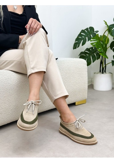 Erva'nın Butiği Bej Hakiki Deri Santa Bağcık Detay Kadın Sneakers-6390