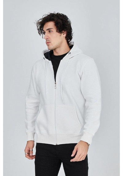 2Y Premium Erkek 3 İplik Pamuklu Fermuarlı Kapüşonlu Kanguru Cepli Hoodie Hırka Sweatshirt - Beyaz