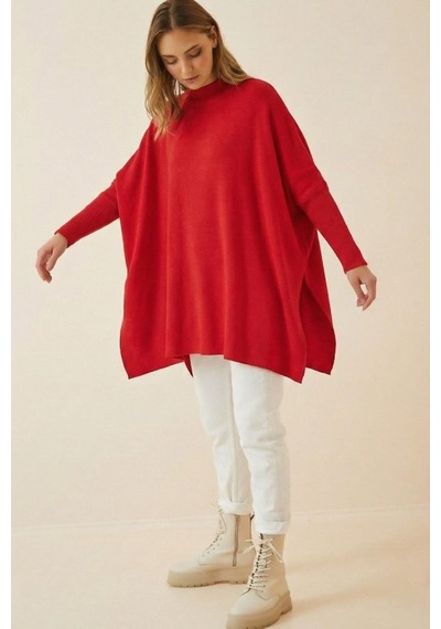 Onno Style Women Düz Triko Standart Panço Kırmızı