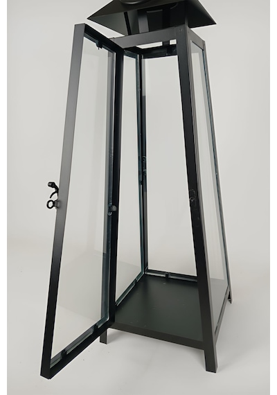 Eliza Metal Mumluk Şamdan - Askılı Cam Panelli Dekoratif 60 Cm Siyah Fener