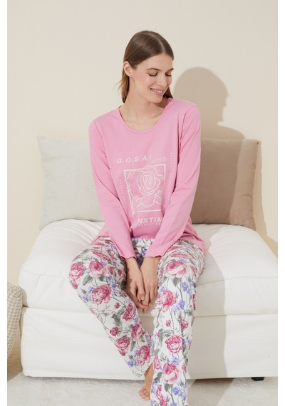 Siyah İnci Pamuklu Örme Pijama Takım 24240113 Pembe