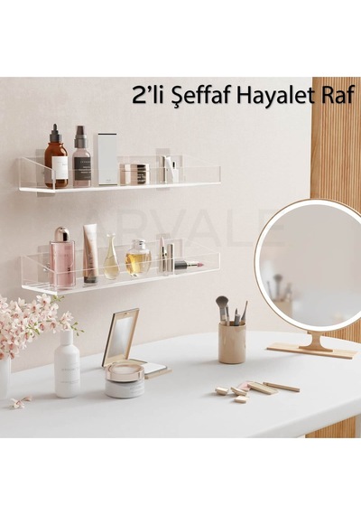 2 Adet Pleksi Hayalet Raf Banyo Mutfak Düzenleyici Kendinden Yapışkanlı Vidalı Raf - 40 Cm Şeffaf